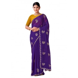 Women's Digital Printed  Georgette Saree With Unstitched Blouse (Purple, 5-6 Mtrs)