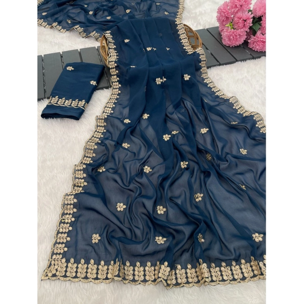 Women's Georgette Embroidered Saree With Unstitched Blouse 5.5Mtr (Blue) Women's Georgette Embroidered Saree With Unstitched Blouse 5.5Mtr (Blue)