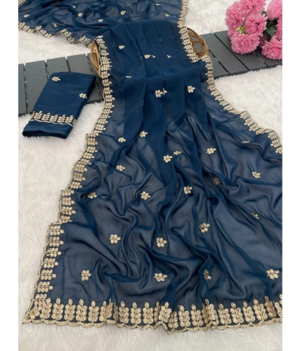Women's Georgette Embroidered Saree With Unstitched Blouse 5.5Mtr (Blue) Women's Georgette Embroidered Saree With Unstitched Blouse 5.5Mtr (Blue)
