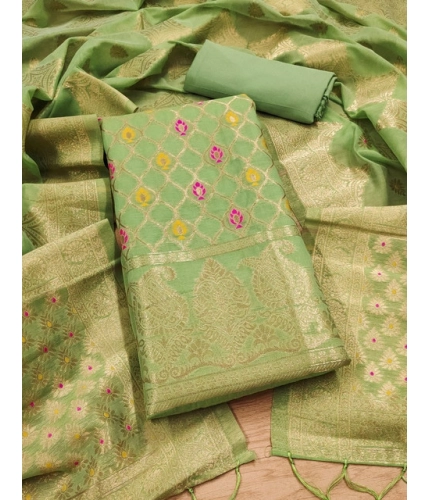 Women's Banarasi Silk Printed Unstitched Salwar Suit Material With Dupatta (Pista, 3Mtrs)