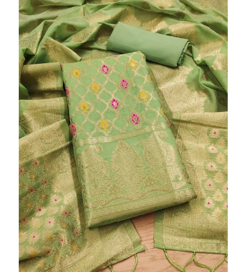 Women's Banarasi Silk Printed Unstitched Salwar Suit Material With Dupatta (Pista, 3Mtrs)