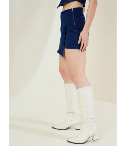 Women's Denim Lycra Solid Zip Closure Skorts (Navy)