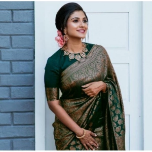 Generic Women's Litchi silk Printed Saree With Unstitched Blouse (Green)