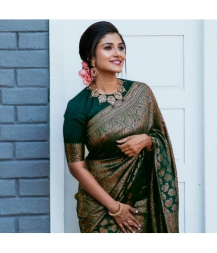 Women's Litchi silk Printed Saree With Unstitched Blouse (Green) Women's Litchi silk Printed Saree With Unstitched Blouse (Green)