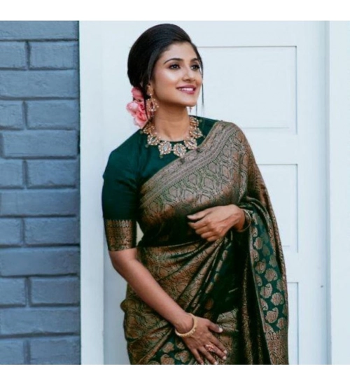 Women's Litchi silk Printed Saree With Unstitched Blouse (Green)