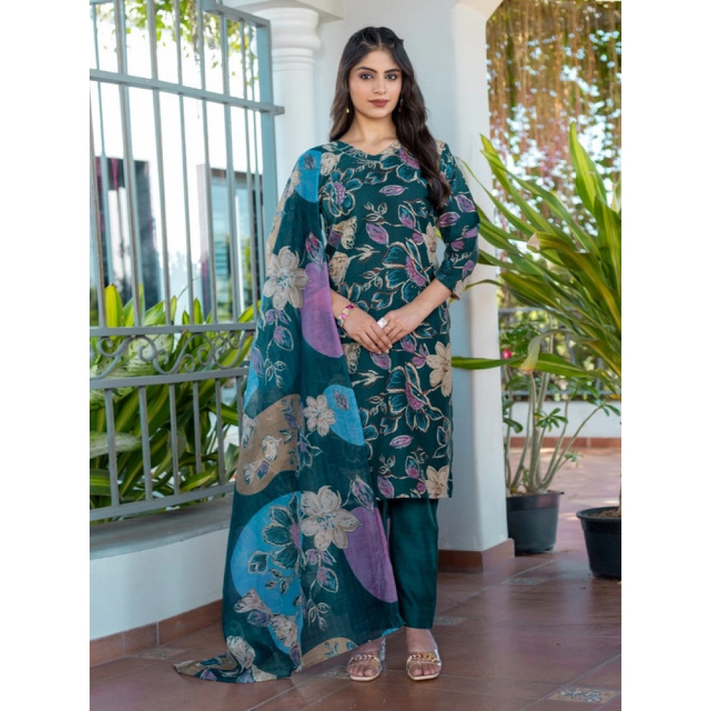 Women's Cotton Blend Printed Kurti With Pant Dupatta Set (Rama) Women's Cotton Blend Printed Kurti With Pant Dupatta Set (Rama)