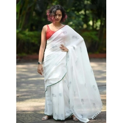 Women's Linen Printed Saree With Unstitched Blouse 5.5Mtr (White)