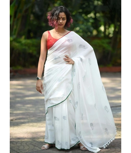 Women's Linen Printed Saree With Unstitched Blouse 5.5Mtr (White)