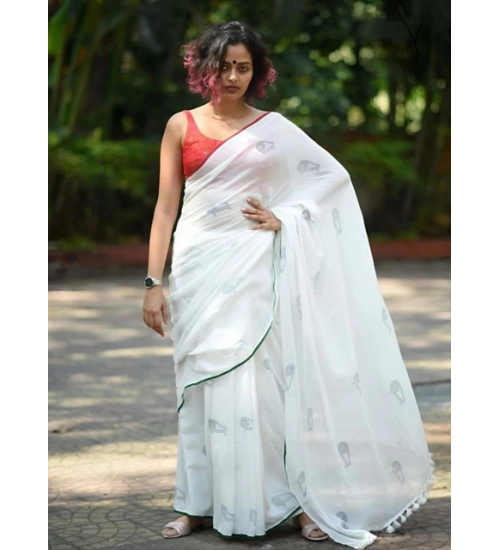 Women's Linen Printed Saree With Unstitched Blouse 5.5Mtr (White)