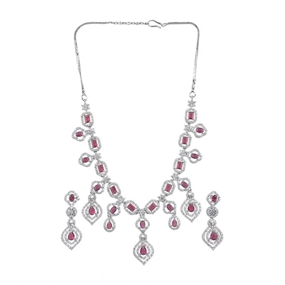 Women's Brass Silver Plated Necklace set (Red)