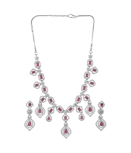 Women's Brass Silver Plated Necklace set (Red)