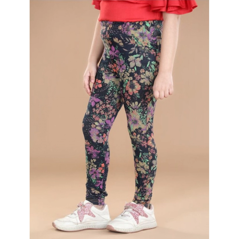 Girl's Cotton Lycra Floral Elasticated Jeggings (Multicolor) Girl's Cotton Lycra Floral Elasticated Jeggings (Multicolor)