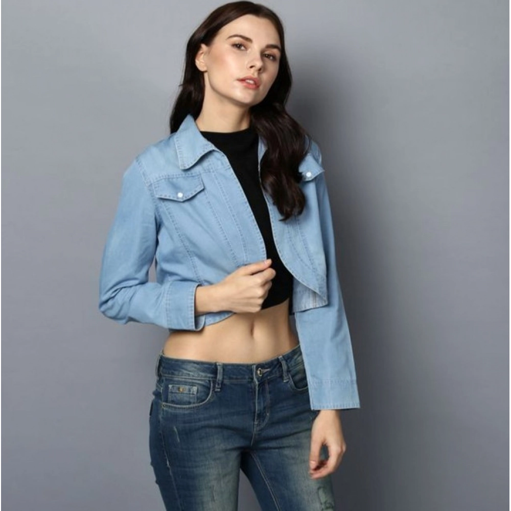 Women's Denim Solid 3-4th Sleeves Shrug (Blue)