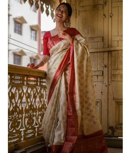 Women's Soft Lichi Silk Printed Saree With Unstitched Blouse 5.5Mtr (White)