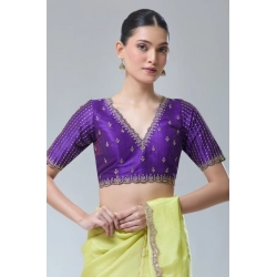 Women's Banarasi Silk Sequence V Neck Non Padded Blouse (Purple 38 Ready (Alterable up to 42)