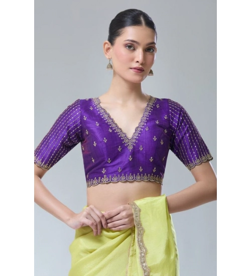 Women's Banarasi Silk Sequence V Neck Non Padded Blouse (Purple 38 Ready (Alterable up to 42)