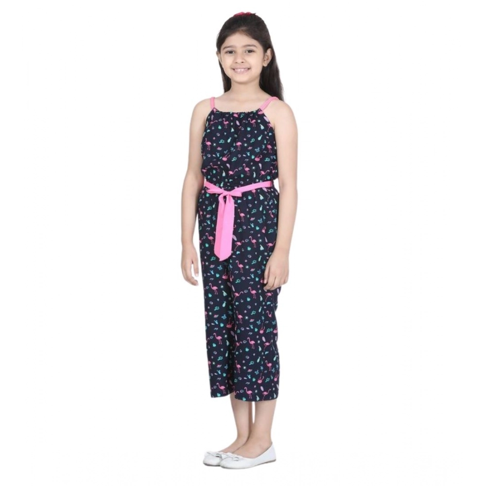Girl's Rayon Flamingo Print Sleeveless Jumpsuit (Black-Pink)