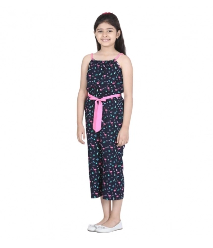 Girl's Rayon Flamingo Print Sleeveless Jumpsuit (Black-Pink)