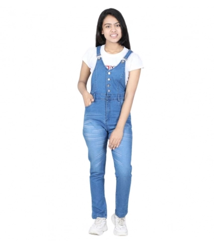 Girl's Denim Solid Buttoned Dungaree (Blue)