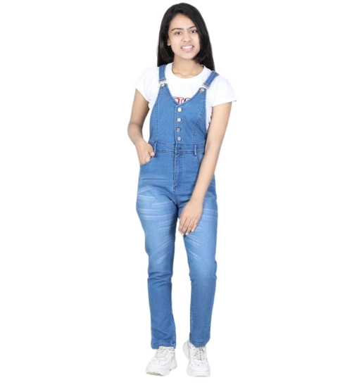 Girl's Denim Solid Buttoned Dungaree (Blue)