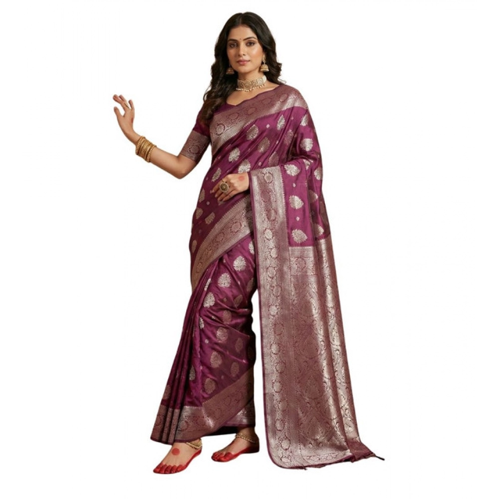 Women's Silk Blend Printed Saree With Unstitched Blouse 5.5Mtr (Purple) Women's Silk Blend Printed Saree With Unstitched Blouse 5.5Mtr (Purple)
