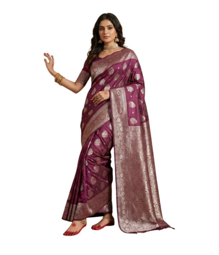 Women's Silk Blend Printed Saree With Unstitched Blouse 5.5Mtr (Purple)