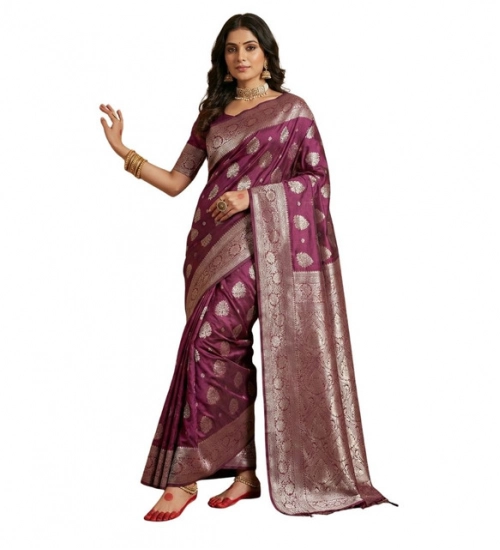 Women's Silk Blend Printed Saree With Unstitched Blouse 5.5Mtr (Purple)