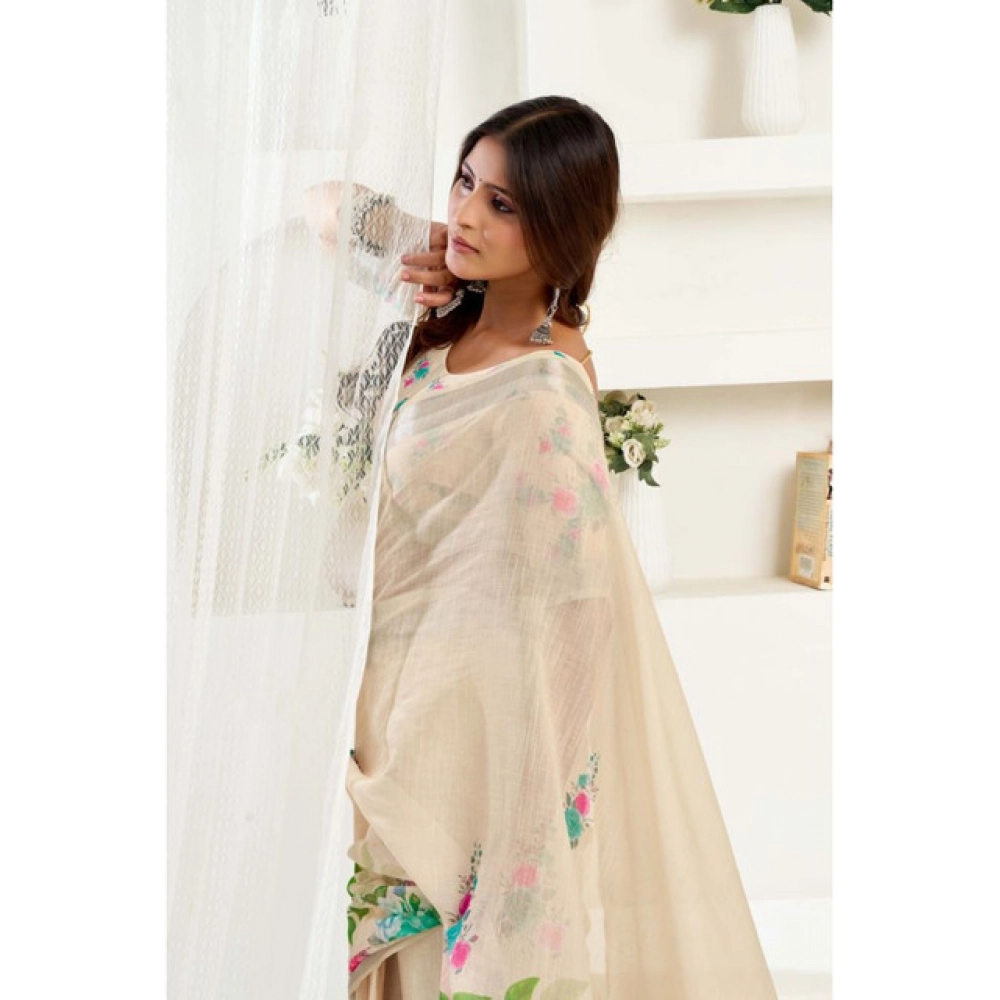 Women's Linen Cotton Printed Ready To Wear Saree With Unstitched Blouse 5.5 Mtr (Light_Beige) Women's Linen Cotton Printed Ready To Wear Saree With Unstitched Blouse 5.5 Mtr (Light_Beige)