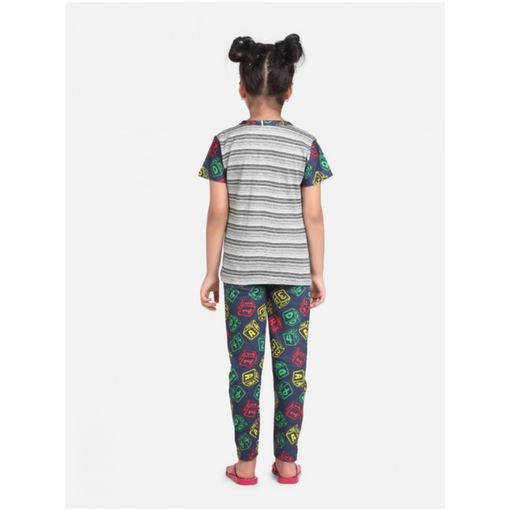 Girl's Cotton Hosiery Printed Night Suit Set (Grey-Green)