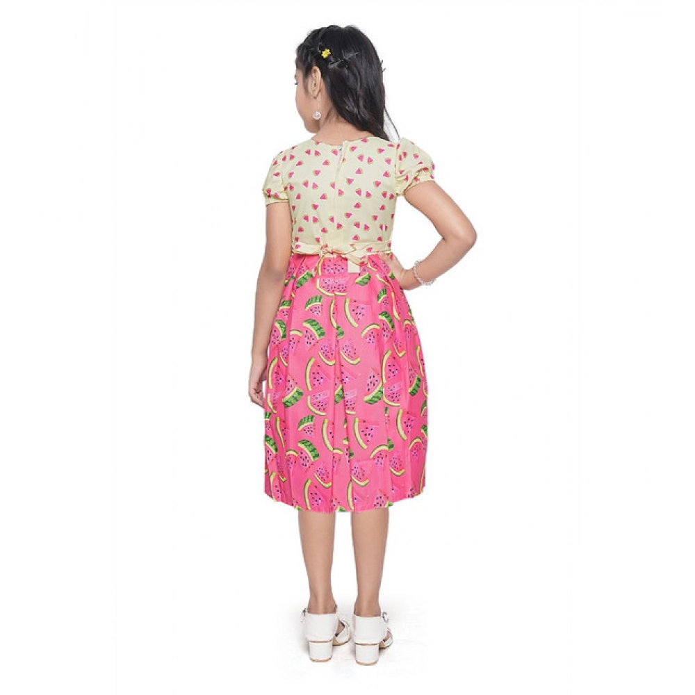 Girl's Twill Printed Short Sleeve Round Neck Dress (Pink) Girl's Twill Printed Short Sleeve Round Neck Dress (Pink)