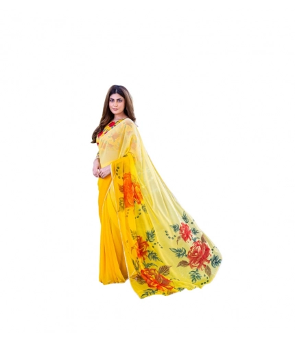 Women's Georgette  Printed Saree With Unstitched Blouse 5.5Mtr (Yellow)