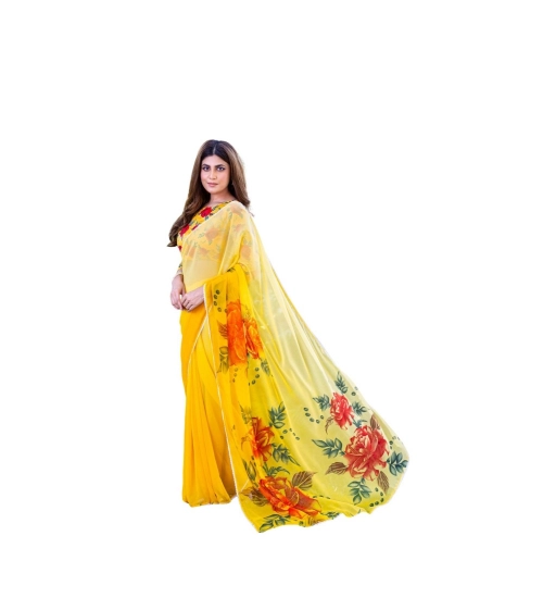 Women's Georgette  Printed Saree With Unstitched Blouse 5.5Mtr (Yellow)