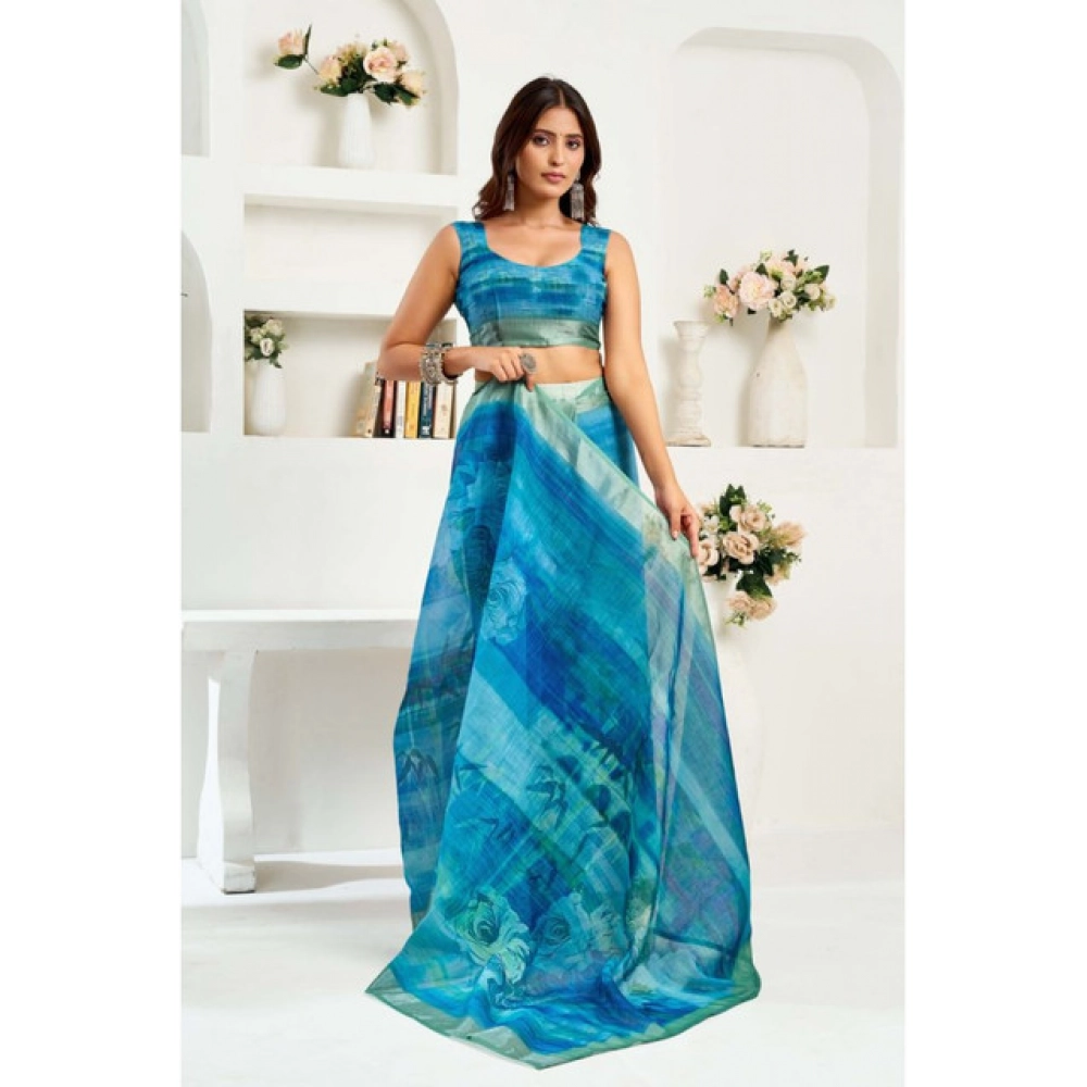 Women's Linen Cotton Printed Ready To Wear Saree With Unstitched Blouse 5.5 Mtr (Blue) Women's Linen Cotton Printed Ready To Wear Saree With Unstitched Blouse 5.5 Mtr (Blue)