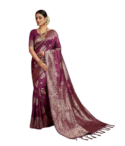 Women's Silk Blend Printed Saree With Unstitched Blouse 5.5Mtr (Purple)