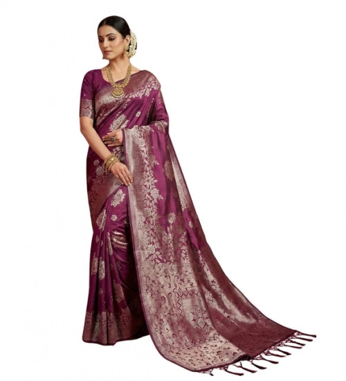 Women's Silk Blend Printed Saree With Unstitched Blouse 5.5Mtr (Purple)