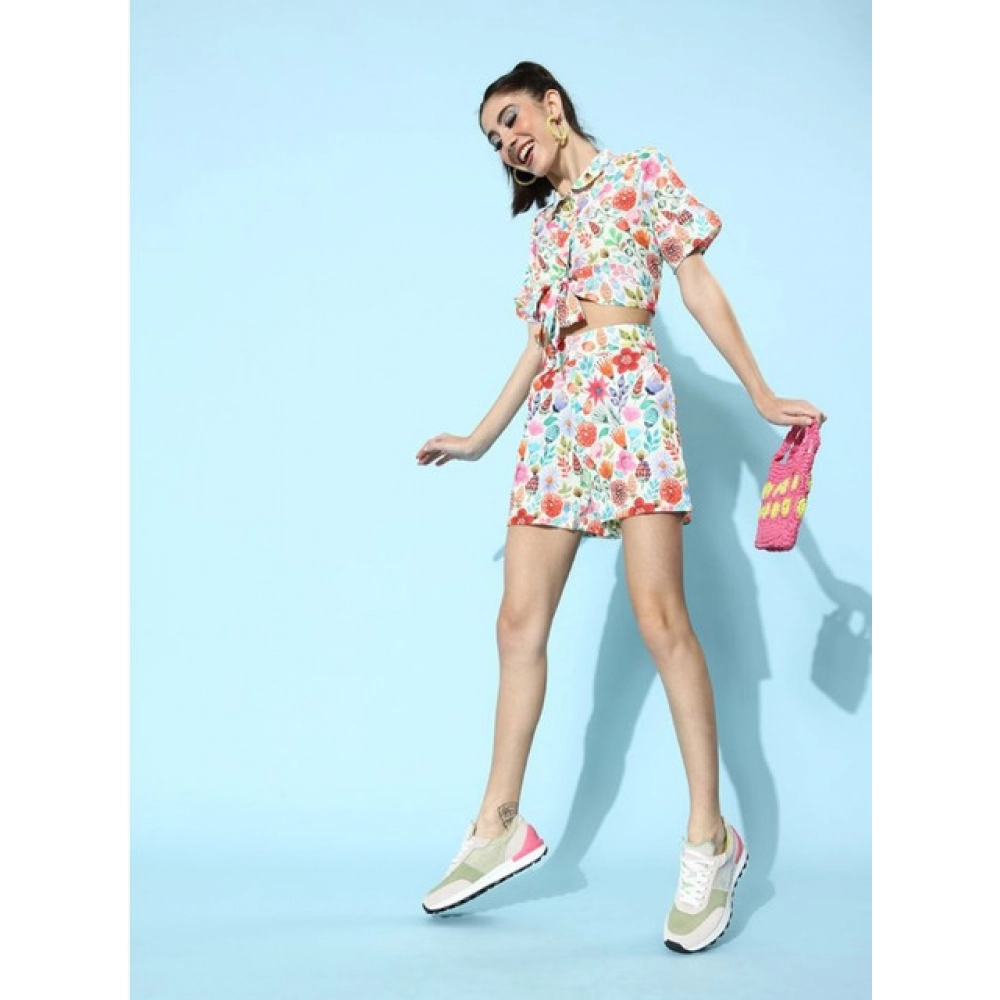 Women's Polyester Floral Short Sleeve Co-Ord Set (Multicolor)