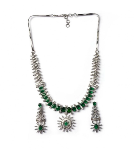 Women's Brass Silver Plated Necklace set (Green)