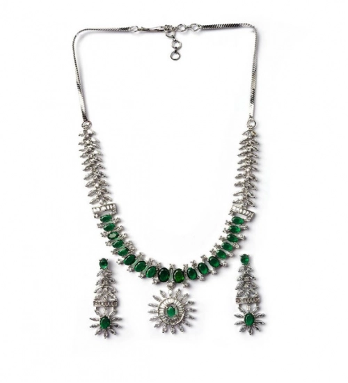 Women's Brass Silver Plated Necklace set (Green)