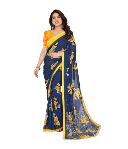Women's Georgette Printed Saree With Unstitched Blouse 5.5Mtr (Blue)