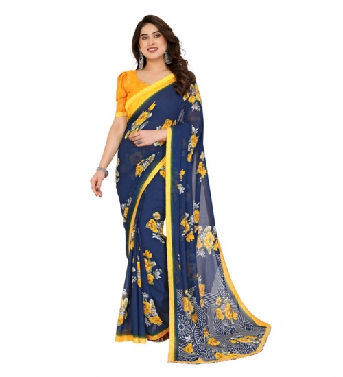 Women's Georgette Printed Saree With Unstitched Blouse 5.5Mtr (Blue)