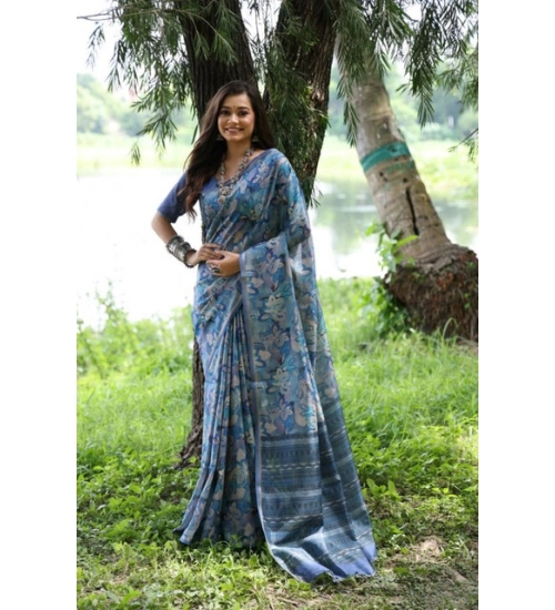 Women's Faux_Tussar_Silk Abstract_Print Saree With Unstitched Blouse 5.5Mtr (Blue)