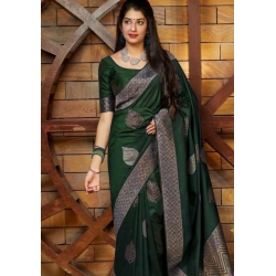 Women's Litchi silk Printed Saree With Unstitched Blouse (Green)