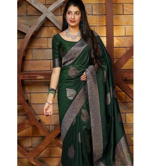 Women's Litchi silk Printed Saree With Unstitched Blouse (Green)