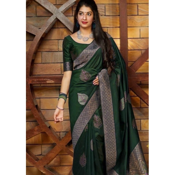 Dropship Women's Litchi silk Printed Saree With Unstitched Blouse (Green)