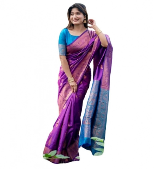 Women's Katan_Silk Zari_Weaving Saree With Unstitched Blouse 5.5Mtr (Purple)