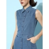 Women's Denim Solid Sleeveless Dress (Blue)
