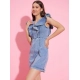 Women's Denim Solid Flutter Sleeve Dress (Blue)