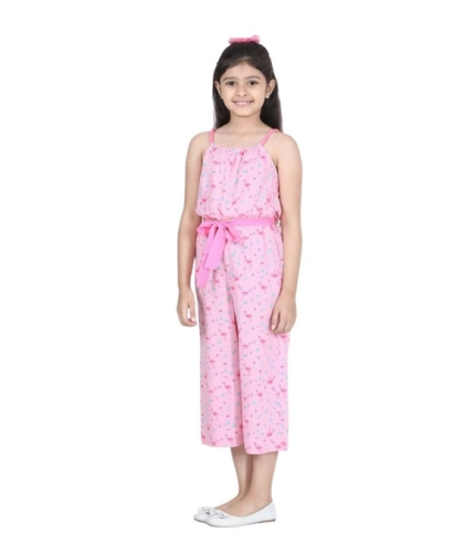 Girl's Rayon Flamingo Print Sleeveless Jumpsuit (Pink)