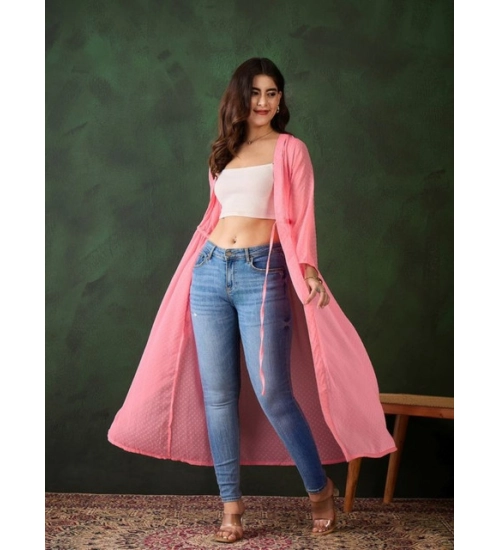 Women's Chiffon Self Design Long Sleeves Shrug (Pink)