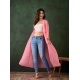 Women's Chiffon Self Design Long Sleeves Shrug (Pink)